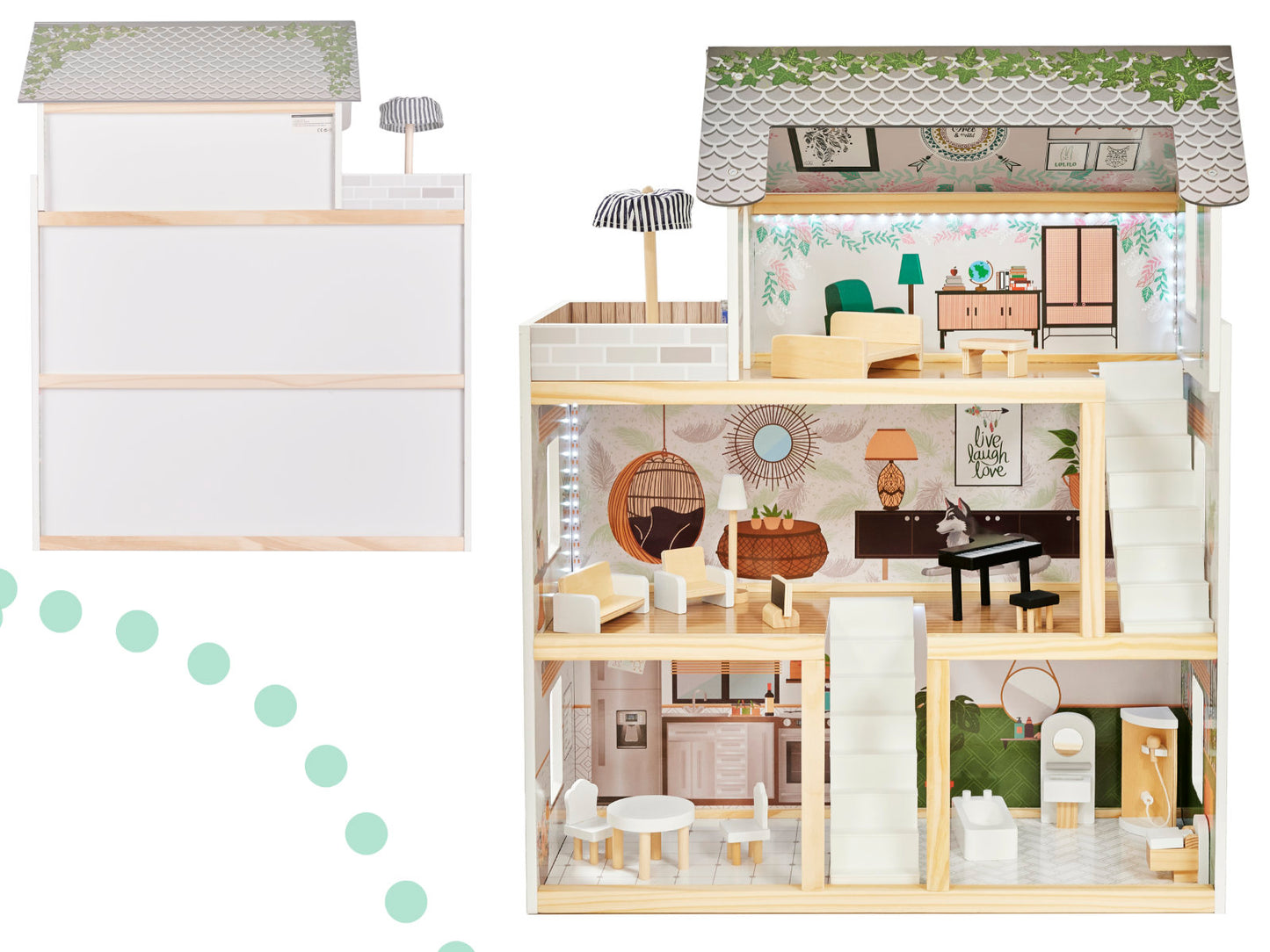 Căsuță de Păpuși din Lemn cu Iluminare LED – Stil Boho (78 cm)