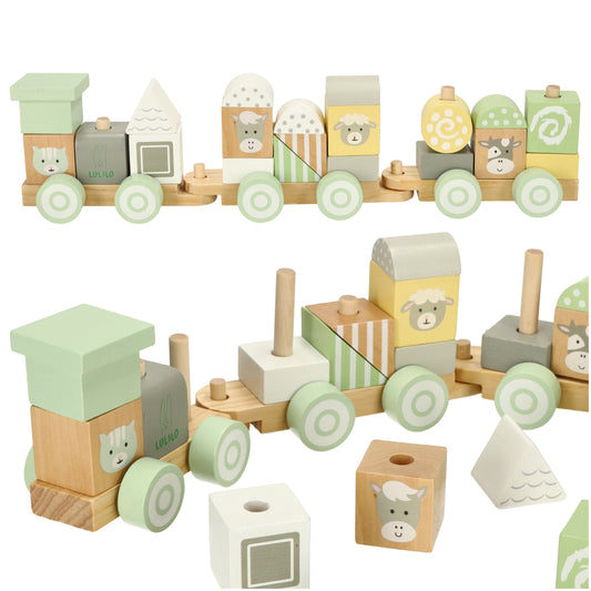 Trenuleț din lemn Lulilo Vico cu cuburi pastelate și figurine animale, 22 piese