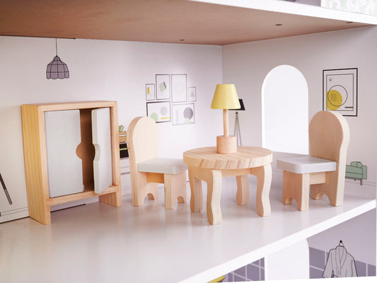 Căsuță de păpuși din lemn Lulilo cu 3 etaje, mobilier inclus și iluminare LED, 70cm, Gri