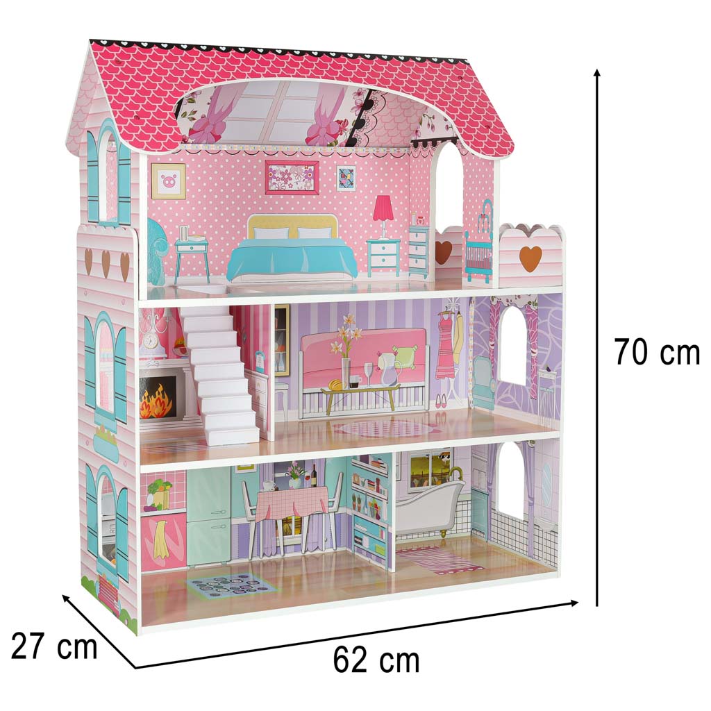 Căsuță de păpuși din lemn Lulilo cu 3 etaje, mobilier inclus și iluminare LED, 70cm, Roz