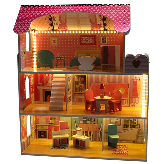Căsuță de păpuși din lemn Lulilo cu 3 etaje, mobilier inclus și iluminare LED, 70cm, Roz