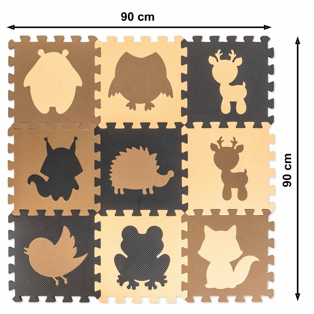 Covoraș de Joacă Tip Puzzle din Spumă EVA, 9 Piese cu Forme Detașabile, Bej-Maro-Negru (85x85 cm)