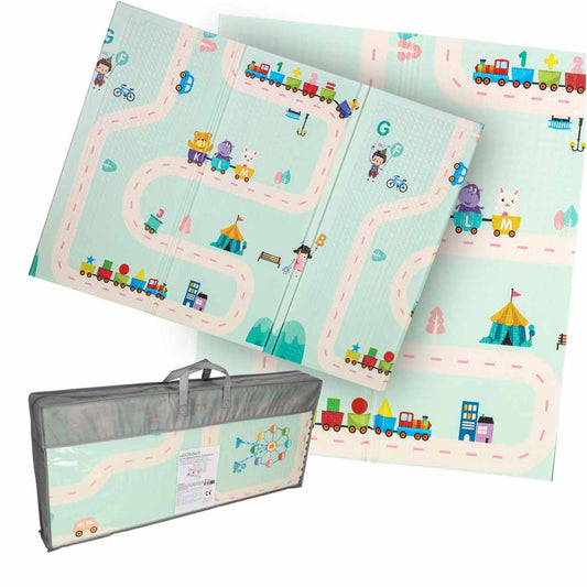 Covoraș de Joacă din Spumă XPE, Pliabil și cu Două Fețe – Panda & Oraș (180x200 cm)