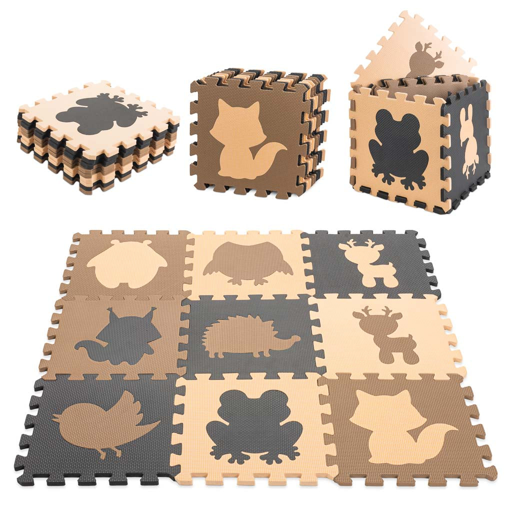 Covoraș de Joacă Tip Puzzle din Spumă EVA, 9 Piese cu Forme Detașabile, Bej-Maro-Negru (85x85 cm)
