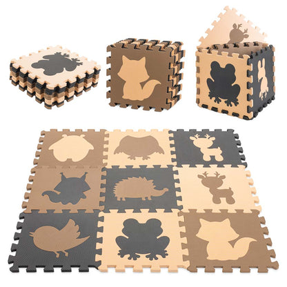 Covoraș de Joacă Tip Puzzle din Spumă EVA, 9 Piese cu Forme Detașabile, Bej-Maro-Negru (85x85 cm)