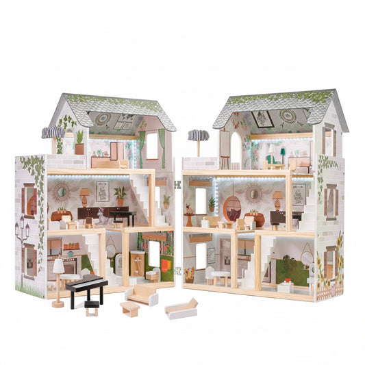 Căsuță de Păpuși din Lemn cu Iluminare LED – Stil Boho (78 cm)