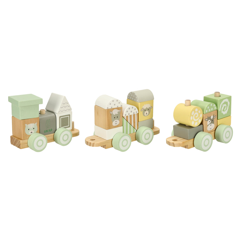 Trenuleț din lemn Lulilo Vico cu cuburi pastelate și figurine animale, 22 piese