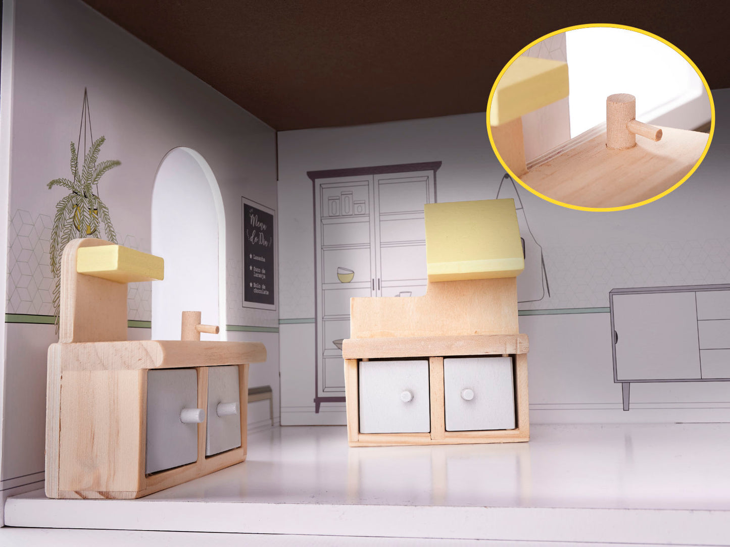 Căsuță de păpuși din lemn Lulilo cu 3 etaje, mobilier inclus și iluminare LED, 70cm, Gri