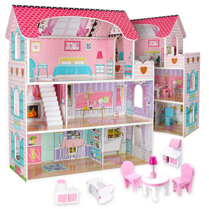 Căsuță de păpuși din lemn Lulilo cu 3 etaje, mobilier inclus și iluminare LED, 70cm, Roz