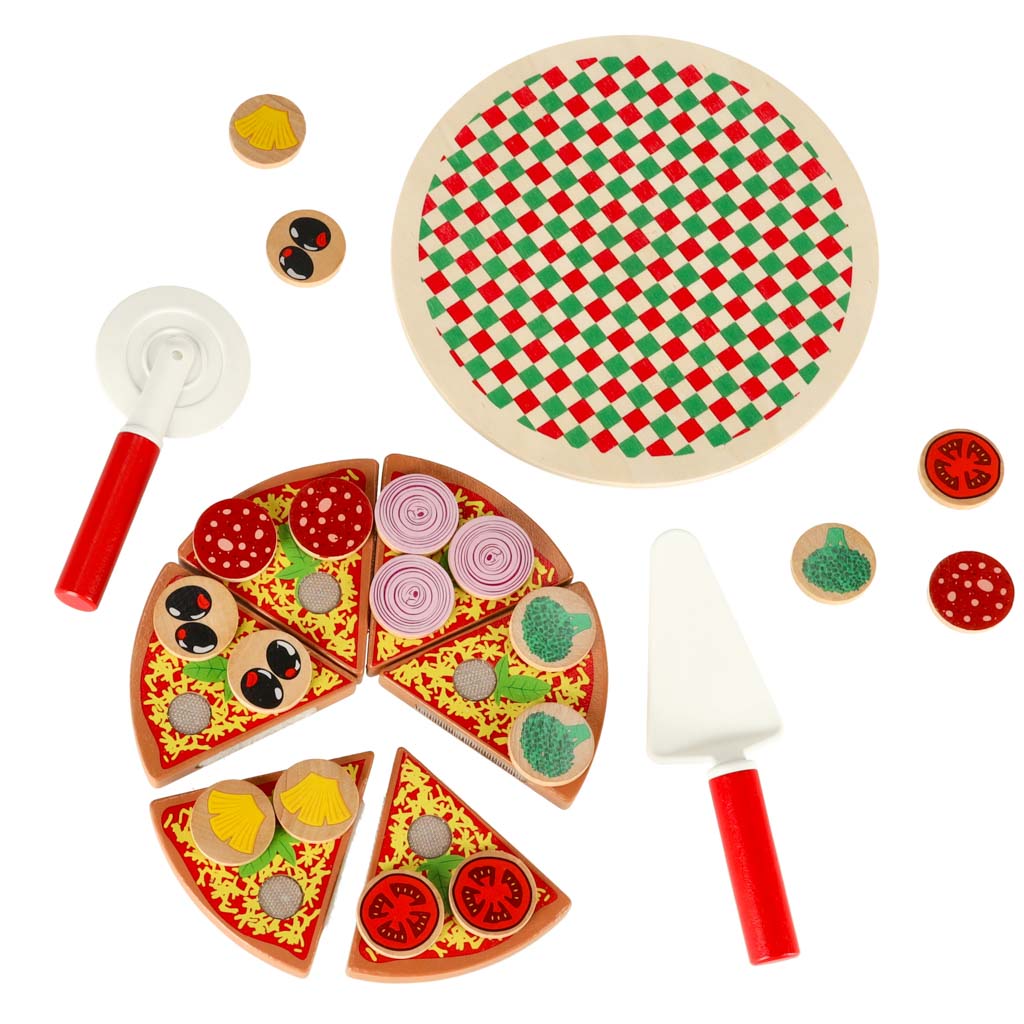 Set de joacă din lemn Lulilo - Pizza cu accesorii și prindere tip velcro, 20 cm
