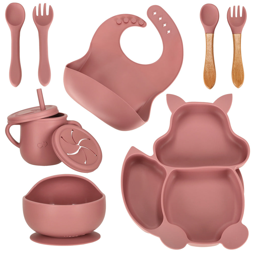 Set Diversificare din Silicon pentru Bebeluși, Model Veveriță, 9 Piese, Roz Închis