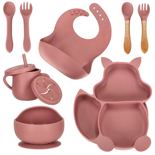 Set Diversificare din Silicon pentru Bebeluși, Model Veveriță, 9 Piese, Roz Închis