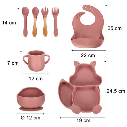 Set Diversificare din Silicon pentru Bebeluși, Model Veveriță, 9 Piese, Roz Închis